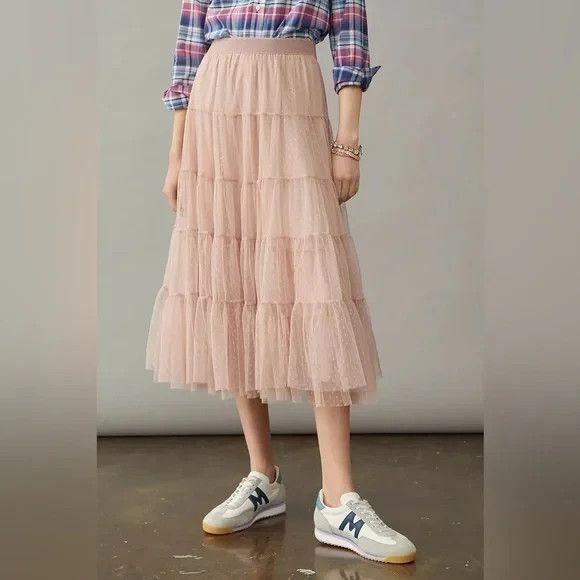 Anthropologie Serena Tiered Tulle Midi Skirt Pink Rose Size Small NWOT - Picture 2 of 6